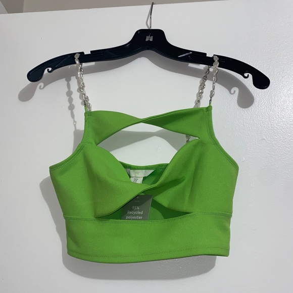 H&M Lime Green Cut Out Crop Pearl Strap Crop Top XS - Picture 3 of 3